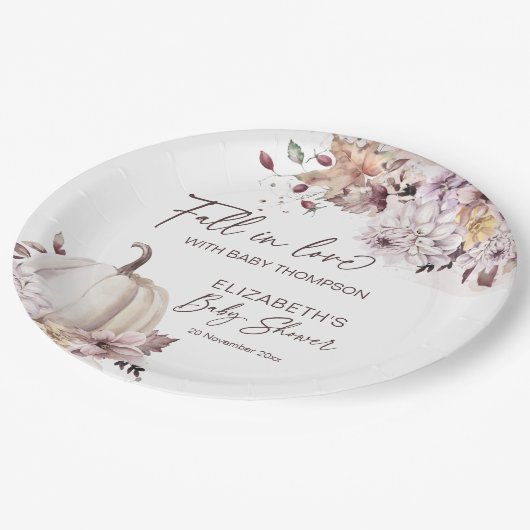 Herbst in Liebe pastellfarbene boho Kürbis Babydus Pappteller (Schrägansicht)