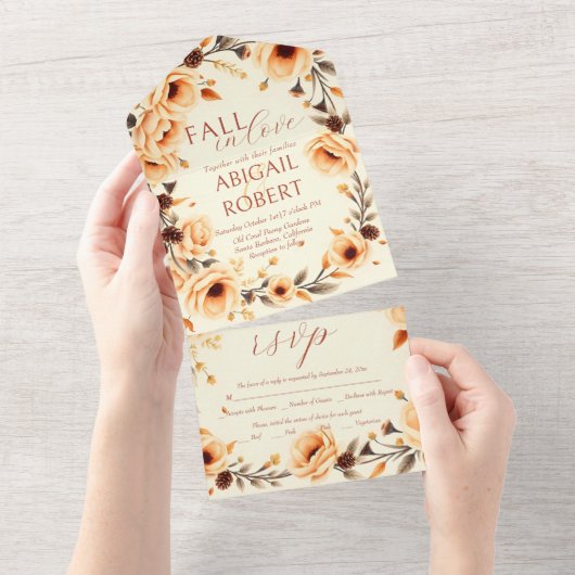 Herbst in Liebe Pfirsich Blumenkiefernholz All In One Einladung (Abreißen)