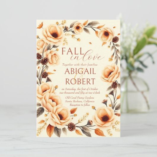 Herbst in Liebe Pfirsich Blumenkiefernholz Einladung (Stehend Vorderseite)
