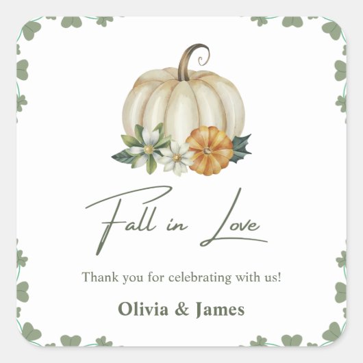 Herbst in Liebe Pumpkin Greenery Sage Green Weddin Quadratischer Aufkleber (Vorderseite)