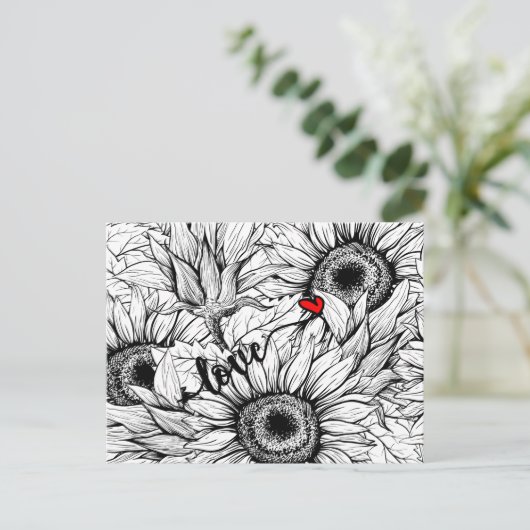 Herbst in Liebe - Schwarz-Weiß-Sonnenblumen Herbst Postkarte (Stehend Vorderseite)
