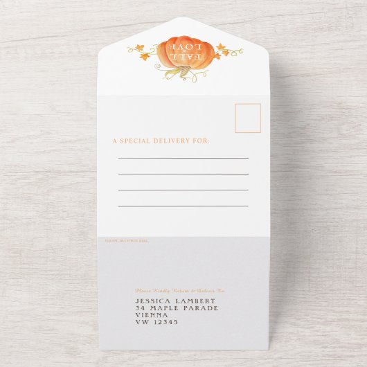 Herbst in Liebe Wasserfarbenkürbis Herbst Hochzeit All In One Einladung (Außenbereich)