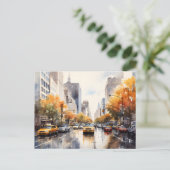 Herbst in NY / Watercolor Autumn Street mit Taxis Postkarte (Stehend Vorderseite)