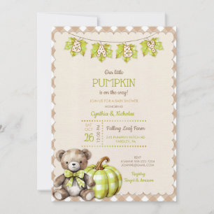 Herbst-Kariert Teddybär Kürbis Blätter Einladung