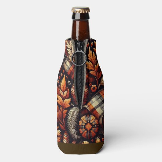 Herbst Karierte Blätter Orange Black Pattern Flaschenkühler (Flasche Rückseite)