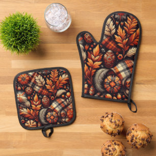 Herbst Karierte Blätter Orange Black Pattern Ofenhandschuh & Topflappen-Set