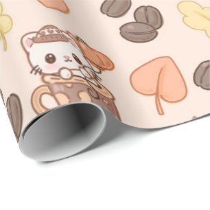 Herbst-Katzen-Tasse Kawaii-Kaffeebohnen-Muster Geschenkpapier