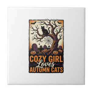 Herbst-Katzenliebhaber Vintage-Halloween-Mädchen-S Fliese