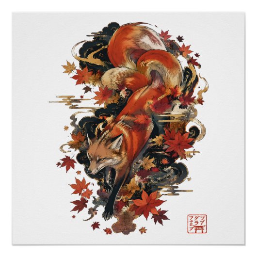 Herbst-Kitsune-Japanisches-Fuchsgeist-Design Poster (Vorderseite)