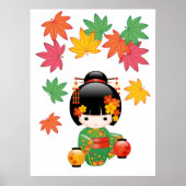 Herbst-Kokeshi-Puppe - Geisha-Mädchen im grünen Ki Poster (Vorne)