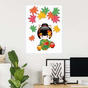 Herbst-Kokeshi-Puppe - Geisha-Mädchen im grünen Ki Poster