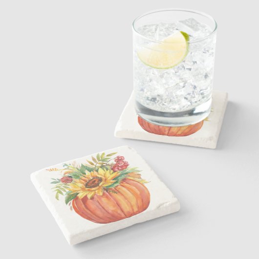 Herbst-Kürbis-Blumenstrauß Steinuntersetzer (Seitenansicht)