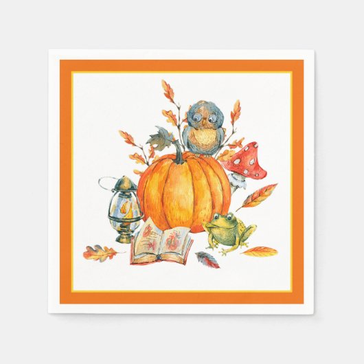 Herbst-Kürbis-Eule und Frosch Serviette (Vorderseite)