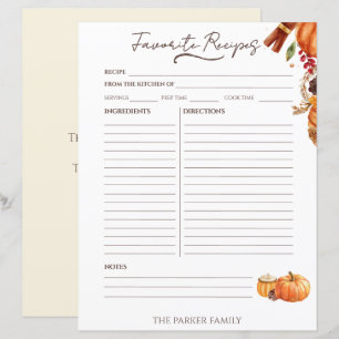 Herbst-Kürbis-Gewürz-Familien-Rezeptkarten