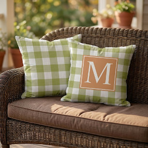 Herbst-Kürbis-Orange-Blätter-Grün-Gingham-Muster Kissen