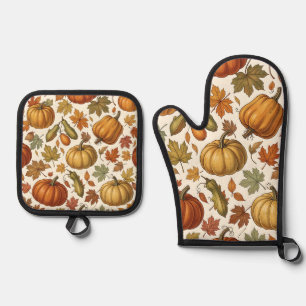 Herbst-Kürbis- und Blatt-Nahtloses Muster  Ofenhandschuh & Topflappen-Set