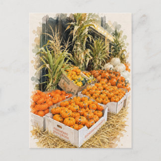 Herbst-Kürbisfarm-Stand Wasserfarben-Postkarte Feiertagspostkarte
