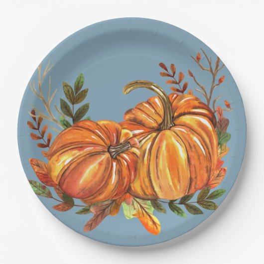 Herbst-Kürbisse Staubblau Pappteller (Vorderseite)