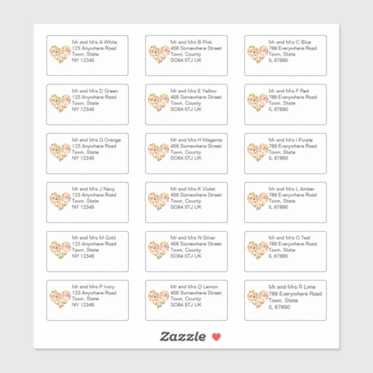 Herbst lässt Herz, Name und Adresse Aufkleber (Blatt)