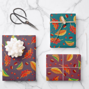 Herbst lässt Nüsse Kastanien Muster Eleganter Fall Geschenkpapier Set