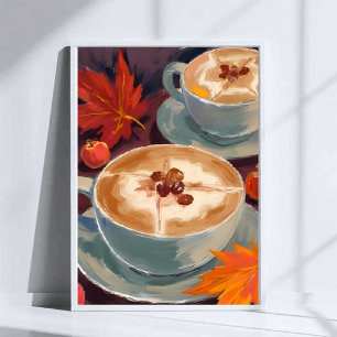 Herbst-Latte-Date   Herbstliche Kaffeeblätter Aqua Poster