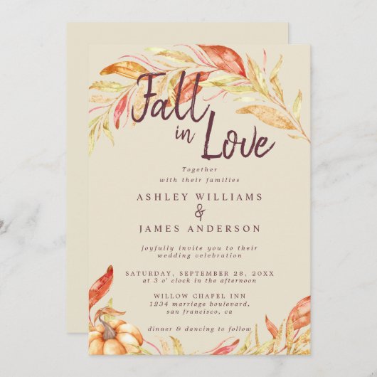 Herbst Liebe Golden Foliage Alte Weiße Hochzeit Einladung (Vorne/Hinten)