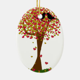 Herbst Liebe Vögel in einem Baum des Herzens Keramikornament