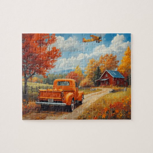 Herbst-LKW-Doppeldecker-Hütten-Szene Puzzle (Horizontal)