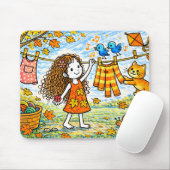 Herbst Mädchen Wäscheleine Katzen-Mauspad Mousepad (Mit Mouse)