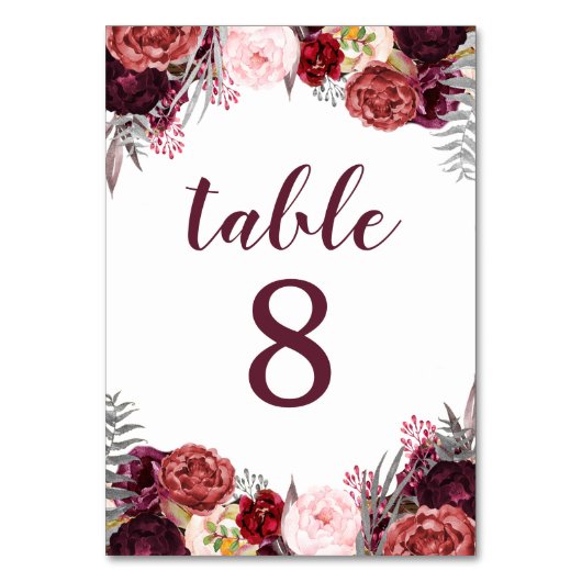 Herbst Marsala Peony Wedding Tischnummer Cards (Vorderseite)
