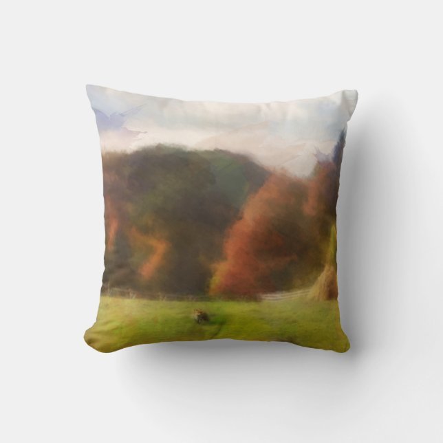 Herbst mit Bergfocken und Haystack Wasserfarbe Kissen (Vorderseite)