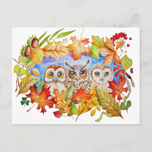 Herbst mit drei Eulen Postkarte
