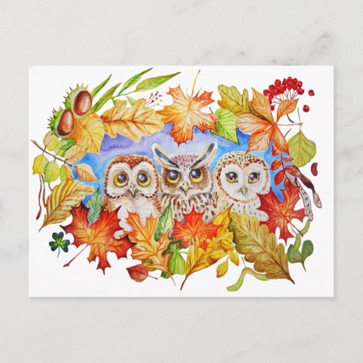 Herbst mit drei Eulen Postkarte (Vorderseite)