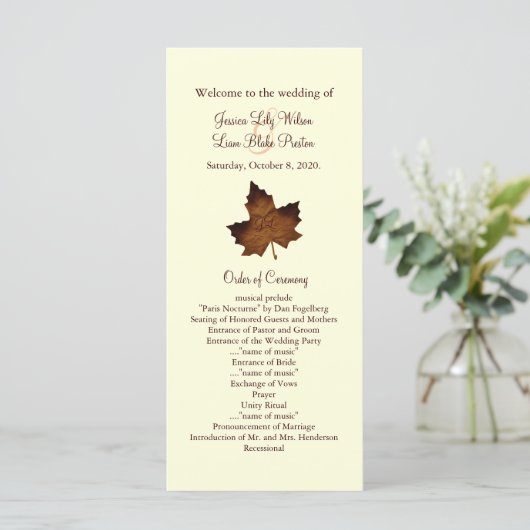 Herbst-Mit Monogramm Hochzeitsprogramm in Braun Programm (Stehend Vorderseite)