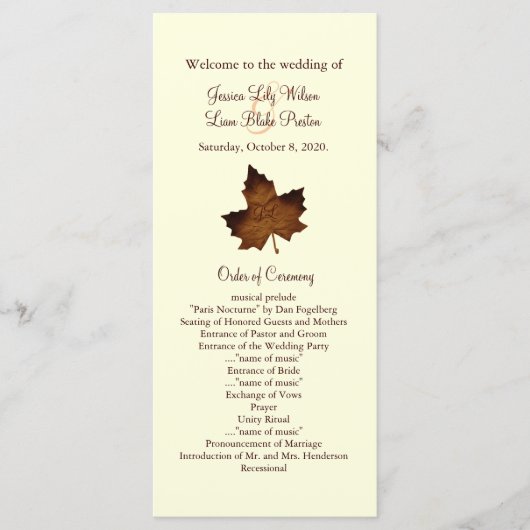 Herbst-Mit Monogramm Hochzeitsprogramm in Braun Programm (Vorderseite)