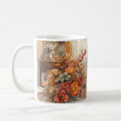 Herbst mit sinkenden Blätter am Tisch Kaffeetasse (Links)