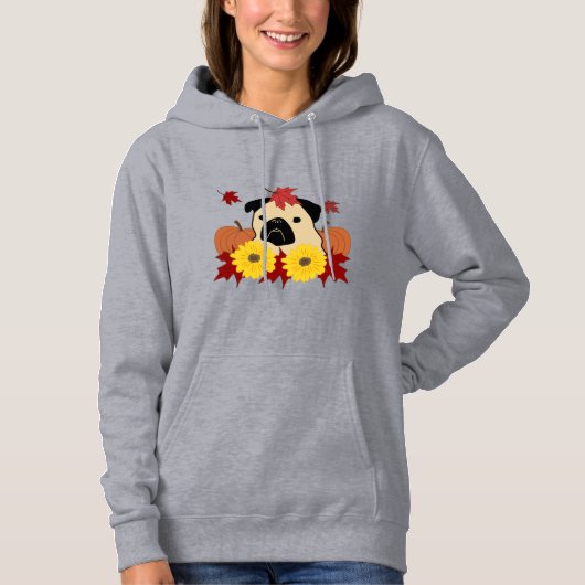 Herbst-Mops mit Blätter, Pumpkins und Sonnenblumen Hoodie (Vorderseite)