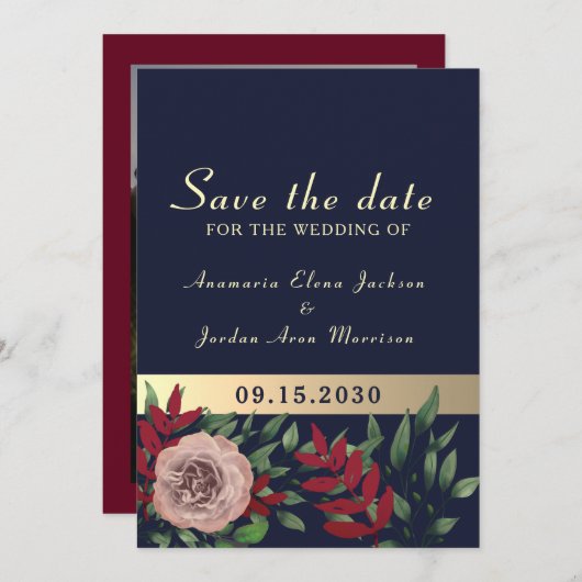 Herbst Navy Burgundy Floral Wedding Save The Date (Vorne/Hinten)