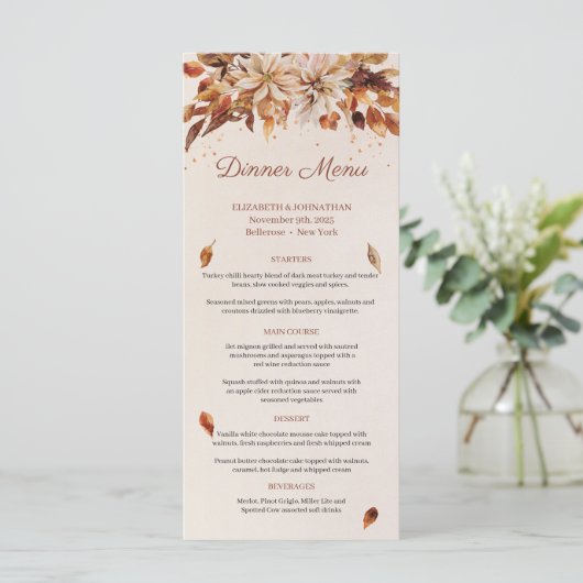 Herbst oder Herbst Burnt Orange Blume und Blätter Menükarte (Stehend Vorderseite)