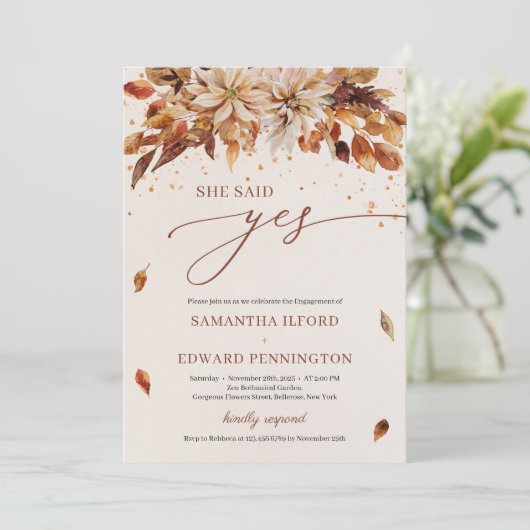 Herbst Orange Blume sagte sie ja Verlobung Einladung (Stehend Vorderseite)