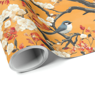 Herbst Orange Blumen Vögel Chinoiserie Geschenkpapier