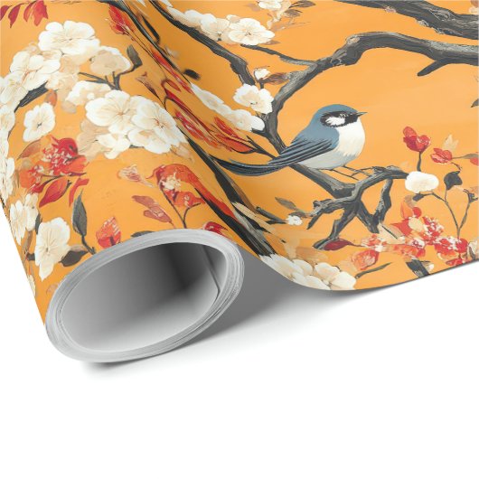 Herbst Orange Blumen Vögel Chinoiserie Geschenkpapier (Rolleneckpunkt)