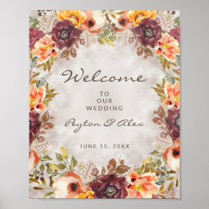 Herbst Orange Burgund Rot Florale Hochzeit Begrüßu Poster