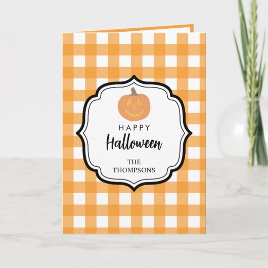 Herbst Orange Kariert Halloween Pumpkin Dankeskarte (Vorderseite)