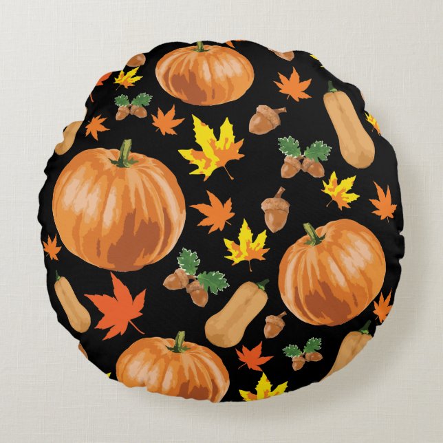 Herbst Orange Pumpkin Fall Pattern Rundes Kissen (Vorderseite)