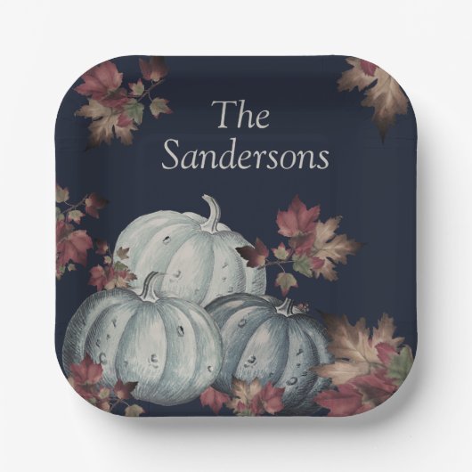 Herbst Party Blauer Kürbis, glückliches Erntedankf Pappteller (Vorderseite)