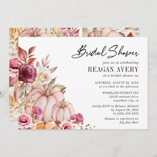 Herbst Pink Burgundy Pumpkin Brautparty Einladung (Vorne/Hinten)