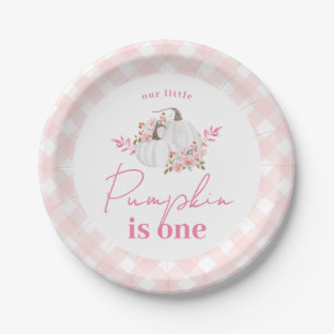 Herbst-Pink-Gingham-Kleine-Kürbis-Erstes-Geburtsta Pappteller