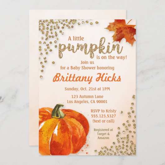 Herbst Pumpkin Baby Dusche Glitzer Einladung (Vorne/Hinten)