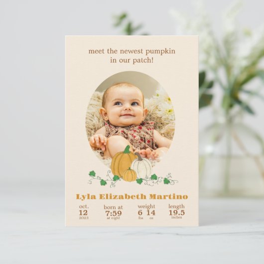 Herbst Pumpkin Birth Ankündigung (Stehend Vorderseite)